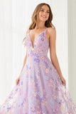 Lilac Floral A Line Spaghetti Straps Long Prom Dress with Embroidery