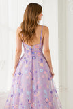 Lilac Floral A Line Spaghetti Straps Long Prom Dress with Embroidery