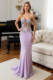 Mermaid Lilac Floral Satin Long Prom Dress