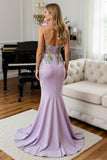 Mermaid Lilac Floral Satin Long Prom Dress
