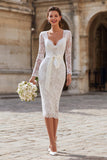Ivory Lace Bodycon Long Sleeve Midi Engagement Dress with Sash