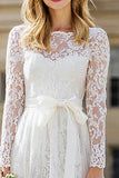 Ivory Lace A Line Round Neck Tea Length Engagement Dress with Bows