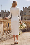 Ivory Sheath Ruched V Neck Long 3/4 Sleeves Engagement Dress with Slit