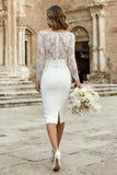 Ivory Lace Bodycon Bateau Neck Midi Engagement Dress with Sleeves