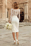 Ivory Bodycon Bateau Neck Midi Engagement Dress with Lace