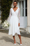 Ivory Chiffon V Neck A Line Pleated Midi Engagement Dress with Lace