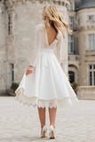 Ivory Long Sleeve A Line Midi Wedding Dress with Lace