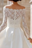 Ivory Off the Shoulder A Line High-Low Engagement Dress with Lace