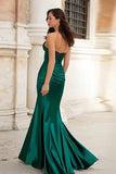 Dark Green Mermaid Sweetheart Appliqued Long Satin Prom Dress with Slit
