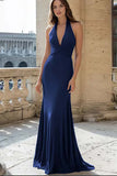 Navy Halter Neck Mermaid Ruched Satin Long Formal Dress