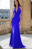 Navy Halter Neck Mermaid Ruched Satin Long Formal Dress