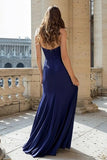 Navy Halter Mermaid Ruched Satin Long Prom Dress
