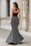 Sweetheart Black White Dot Mermaid Satin Long Prom Dress