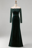 Plus Size Dark Green Velvet Lace Off the Shoulder Formal Dress with Long Sleeves
