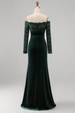 Plus Size Dark Green Velvet Lace Off the Shoulder Formal Dress with Long Sleeves