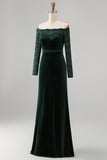 Plus Size Dark Green Velvet Lace Off the Shoulder Formal Dress with Long Sleeves