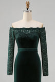 Plus Size Dark Green Velvet Lace Off the Shoulder Formal Dress with Long Sleeves