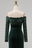 Plus Size Dark Green Velvet Lace Off the Shoulder Formal Dress with Long Sleeves