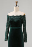 Plus Size Dark Green Velvet Lace Off the Shoulder Formal Dress with Long Sleeves