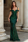Cold Shoulder Sequin Mermaid Dark Green Long Prom Dress