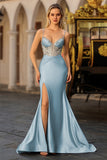 Sparkly Dusty Blue Mermaid Corset Satin Maxi Formal Dress with Sequins