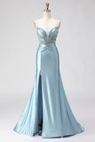 Sparkly Dusty Blue Mermaid Corset Satin Maxi Formal Dress with Sequins