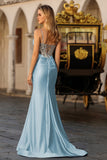 Sparkly Dusty Blue Mermaid Corset Satin Maxi Formal Dress with Sequins