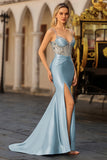Sparkly Dusty Blue Mermaid Corset Satin Maxi Formal Dress with Sequins