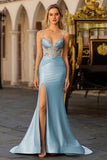Sparkly Dusty Blue Mermaid Corset Satin Maxi Formal Dress with Sequins