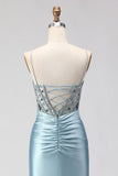 Dusty Blue Mermaid Beaded Corset Sequin Long Prom Dress with Slit