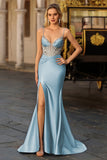 Sparkly Dusty Blue Mermaid Corset Satin Maxi Formal Dress with Sequins