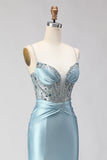 Dusty Blue Mermaid Beaded Corset Sequin Long Prom Dress with Slit