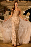 Sparkly Champagne Mermaid Corset Beaded Long Prom Dress with Sequins