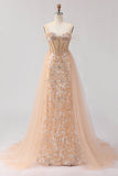 Sparkly Champagne Mermaid Corset Sequin Long Prom Dress with Beading