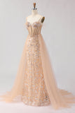 Sparkly Champagne Mermaid Corset Sequin Long Prom Dress with Beading