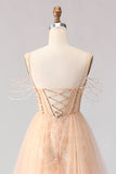 Sparkly Champagne Mermaid Corset Sequin Long Prom Dress with Beading