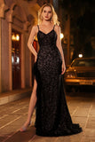 Sparkly Black  Mermaid Beaded Spaghetti Straps Long Formal Dress with Ruffled Slit