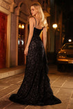 Sparkly Black  Mermaid Beaded Spaghetti Straps Long Formal Dress with Ruffled Slit