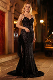 Sparkly Black  Mermaid Beaded Spaghetti Straps Long Formal Dress with Ruffled Slit