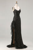 Sparkly Black Mermaid Beaded Corset Sequin Ruffle Long Prom Dress with Slit