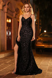 Sparkly Black  Mermaid Beaded Spaghetti Straps Long Formal Dress with Ruffled Slit