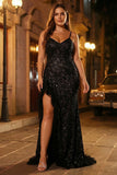 Sparkly Black Mermaid Corset Sequin Ruffled Long Plus Size Prom Dress with Slit