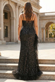 Sparkly Black Mermaid Corset Sequin Ruffled Long Plus Size Prom Dress with Slit