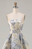 Dusty Blue Floral Strapless Corset A Line Long Prom Dress with Slit