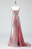 Metallic Strapless Pink Mermaid Pleated Sheer Corset Long Prom Dress with Slit