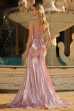 Metallic Strapless Pink Mermaid Pleated Sheer Corset Long Prom Dress with Slit
