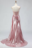 Pink Mermaid Metallic Sweetheart Ruched Long Formal Dress with Side Cape