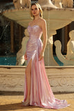Metallic Strapless Pink Mermaid Pleated Sheer Corset Long Prom Dress with Slit
