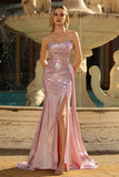 Pink Mermaid Metallic Sweetheart Ruched Long Formal Dress with Side Cape