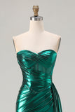 Metallic Dark Green Mermaid Strapless Pleated Corset Long Prom Dress with Slit